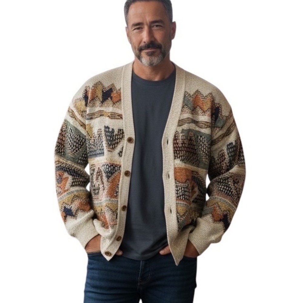 Signe Incognito Mens Vintage Abstract Geometric Jacquard Knit Cardigan Beige M/L